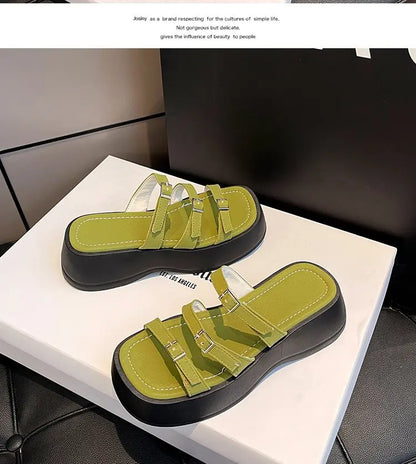 Women Thicken Soled Buckle Strap Sandals Platform High Heel Shoes Ladies Cut-Out Slippers Open Toe Flipflops Silver Beach Slides