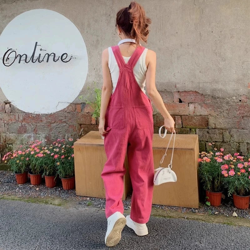 Vintage Pink Denim Overalls Adjustable Strap Wide Leg Jumpsuit Y2K Cute Campus Casual Pants