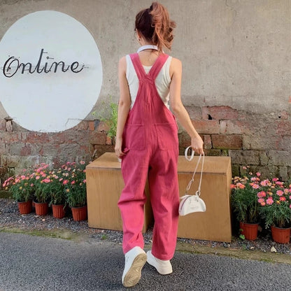 Vintage Pink Denim Overalls Adjustable Strap Wide Leg Jumpsuit Y2K Cute Campus Casual Pants