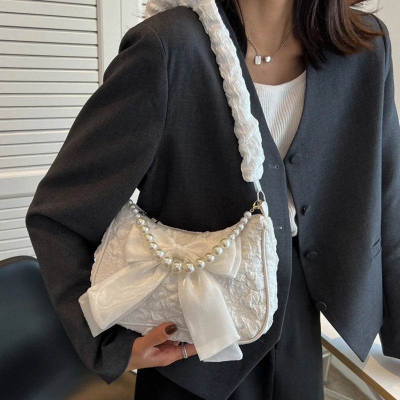 White Folds Pearl Female Bag Retro Luxury Designer Handbag Bow Crossbody Bags Fashion Y2K Vintage Women's Shoulder Bag Purses