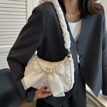 White Folds Pearl Female Bag Retro Luxury Designer Handbag Bow Crossbody Bags Fashion Y2K Vintage Women's Shoulder Bag Purses