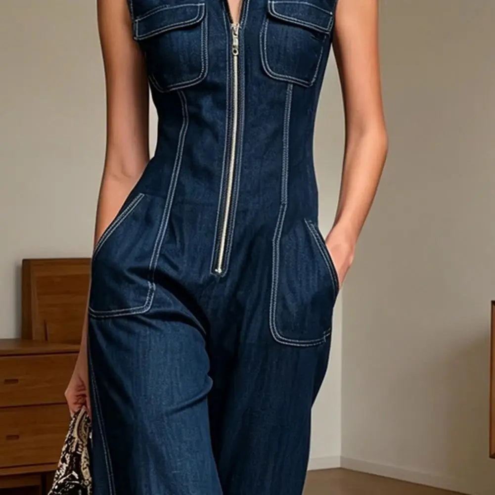 Women's Denim Jumpsuit Stand Collar Sleeveless Wide Leg Rompers Casual Zip Front One Piece Outfits with Pockets