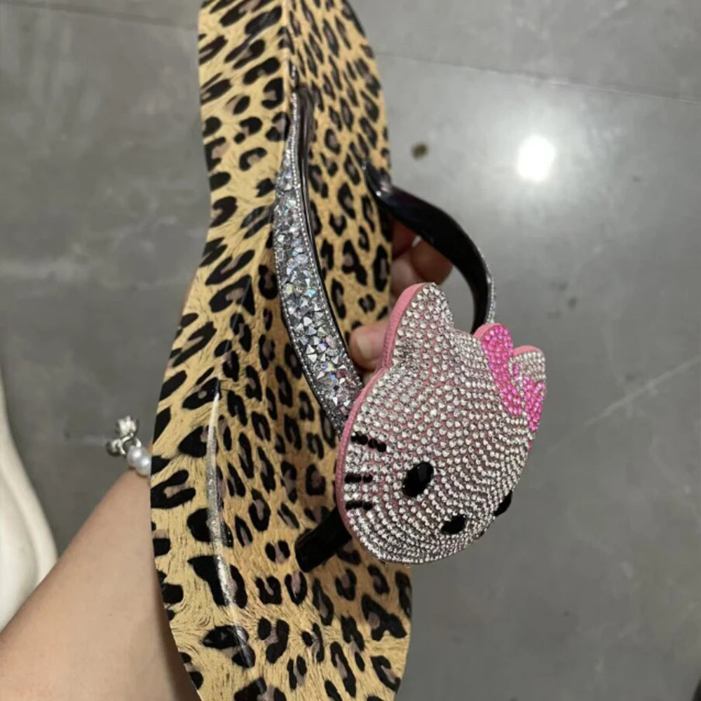 Hello Kitty Rhinestone Flip Flops Leopard Print Y2K Women Bling Non-Slip Summer Beach Casual Thong Sandals Indoor Outdoor