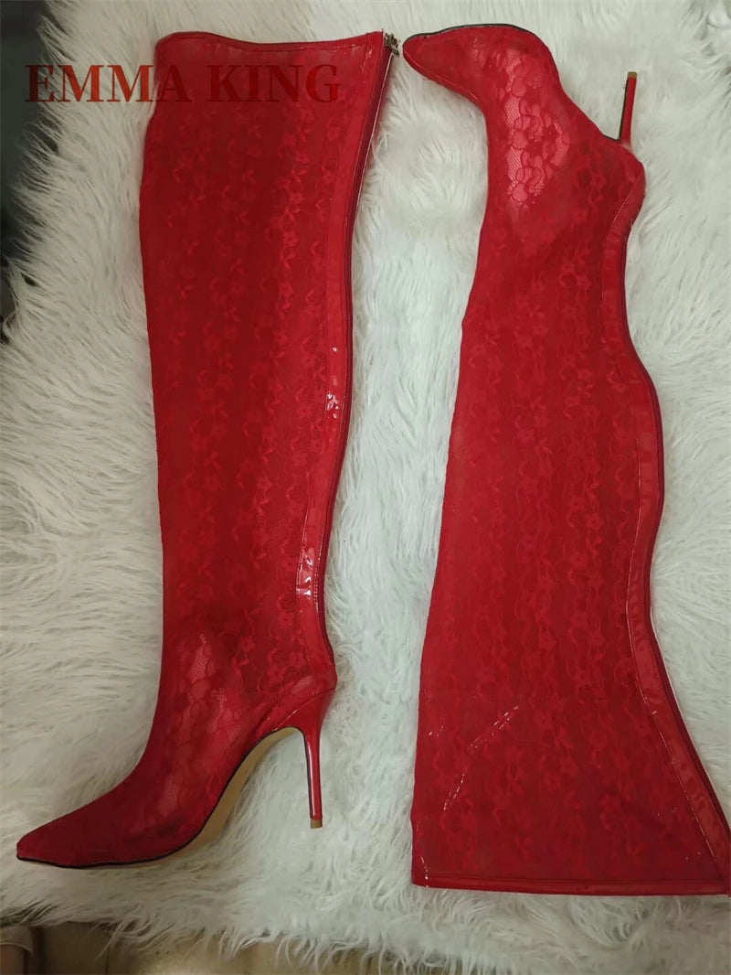 Spring Women Lace With PVC Thigh High Boots Sexy Pointed Toe Stiletto High Heels Transparent Over The Knee Boots Bigger Size 44
