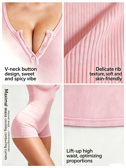 American-Style V-Neck Buttoned Ribbed Jumpsuit for Women, Slim-Fit Long-Sleeve Hot Girl Inner Wear, Tight-Fitting Bodysuit for Home Use