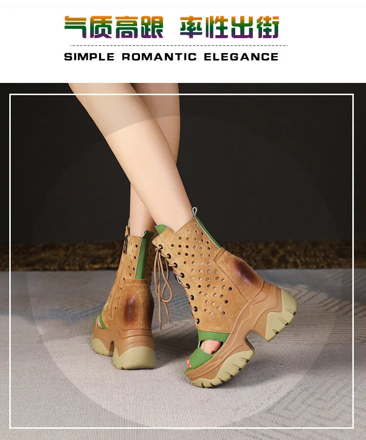 Women's Peep Toe Wedge Boots Summer Hollow Out Lace Up Side Zipper Platform Wedge Heel Breathable Fashion Retro Casual Shoes