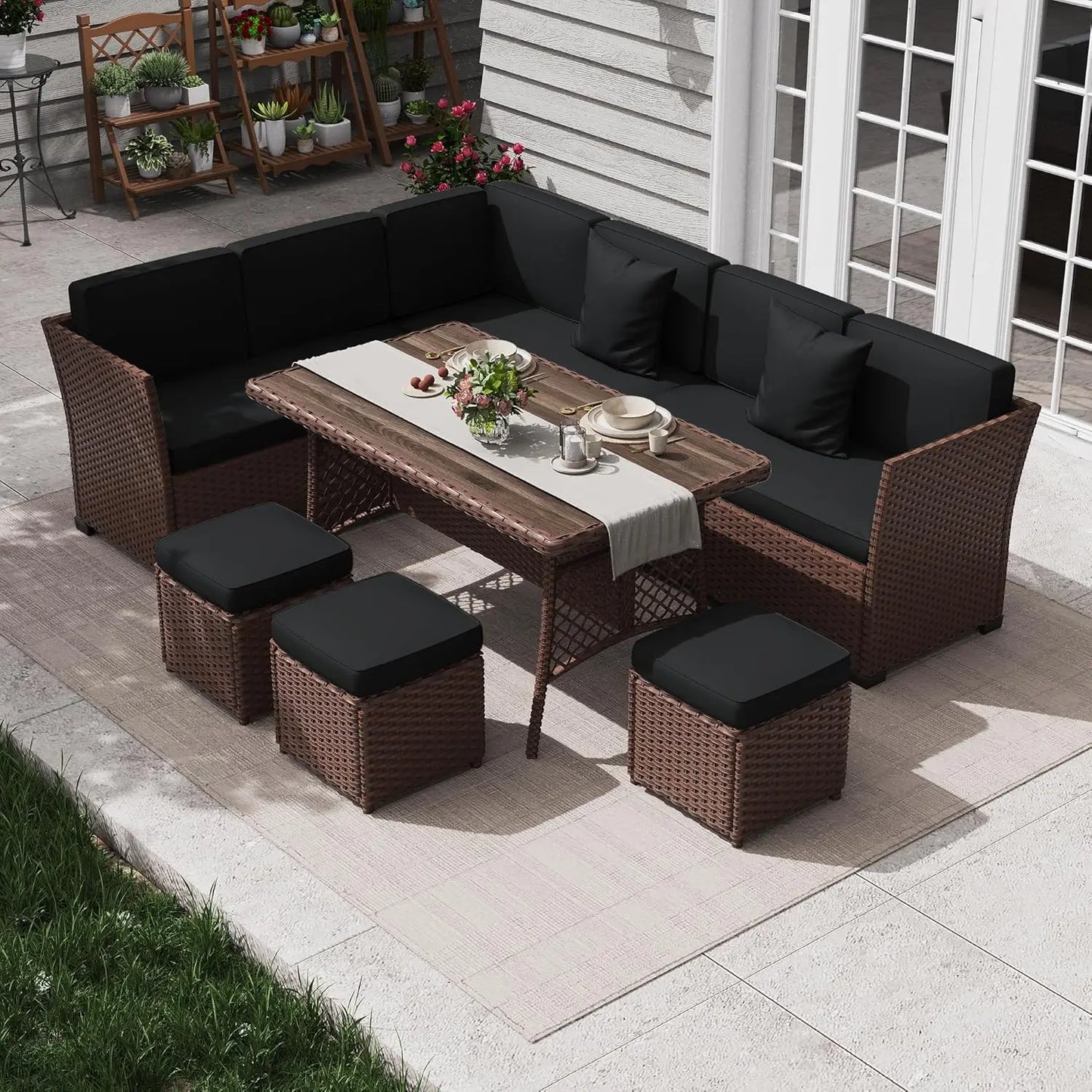 7 Piece Patio Furniture Set, Outdoor PE Wicker Rattan Outdoor Dining Set, Patio Table and Chairs Set, Patio, Customized
