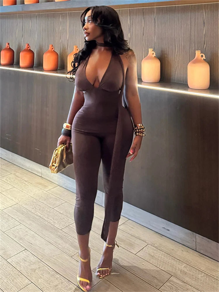 Kliou Sexy Backless Jumpsuits Woman Halter Ribbon Deep V-Neck Sleeveless Skinny Peach Hip Hot Girls High Street Fashion Overalls