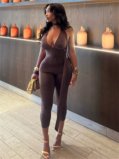 Kliou Sexy Backless Jumpsuits Woman Halter Ribbon Deep V-Neck Sleeveless Skinny Peach Hip Hot Girls High Street Fashion Overalls