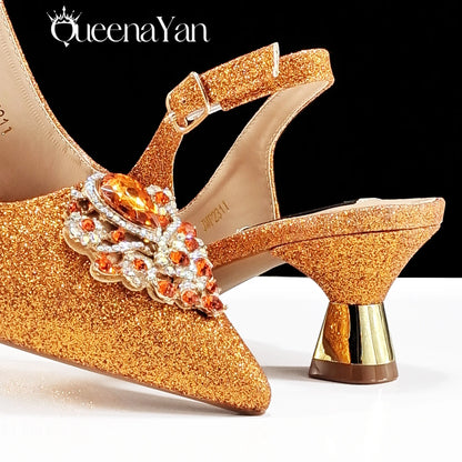 QSGFC Hot Selling INS Pointed-Toe Luxury Style Women High Heels Sandal With Bag Set Orange color Color For Wedding Party