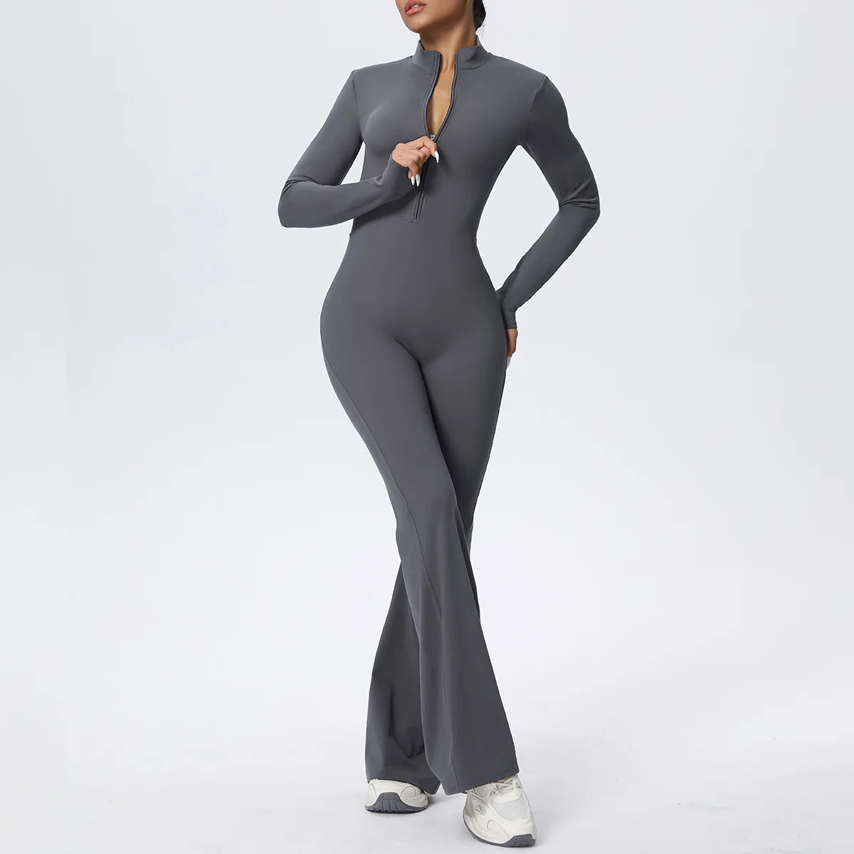 Women Long Sleeve Flare Workout Zip Up Romper Bottom Pants Wide Leg Bodysuit Bodycon One Piece Jumpsuit Activewear XP27