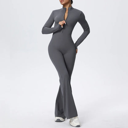 Women Long Sleeve Flare Workout Zip Up Romper Bottom Pants Wide Leg Bodysuit Bodycon One Piece Jumpsuit Activewear XP27