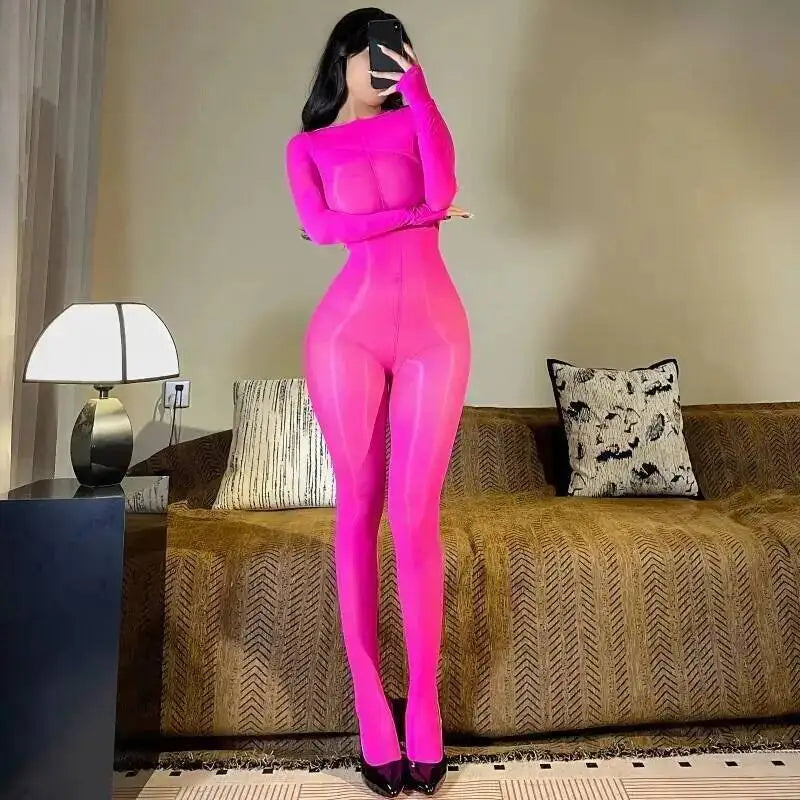 Exotic Sheer Transparent Shiny Oiliness Women Jumpsuit Sweet Tight Summer Clothes Sexy Long Sleeve Mesh Romper Thin Sheer J37