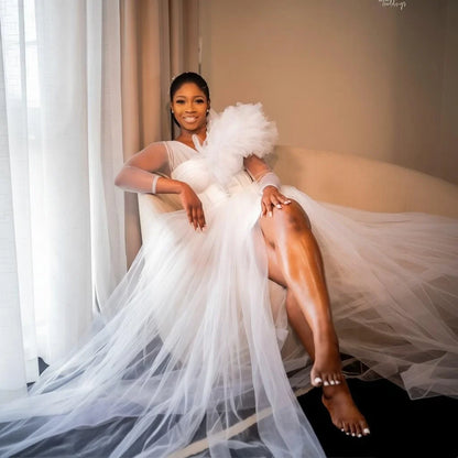 Sexy Wedding Robe for Bride Sheer Long Sleeve Slit Split Ruffles Bridal Shower Dresses Customized