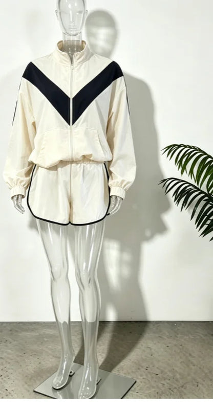 Lady'snavy Chevron Stripe Windbreaker Tracksuit Zip Cropped Jacket Contrast Trim Shorts 2026 Casual Sport Daily Jogging Street