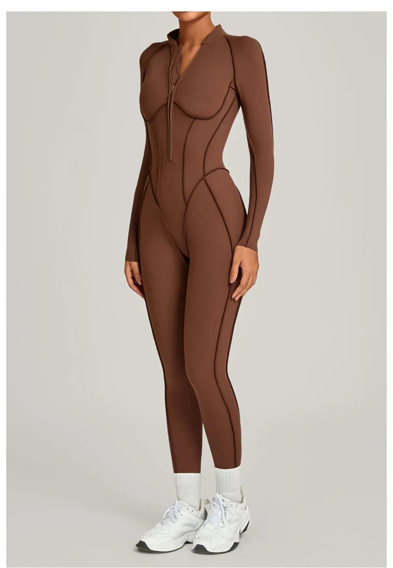 Women's Winter Yoga Jumpsuits Sports Fitness Hip-Lifting Slimming One-piece Zipper Long-Sleeved Outdoor Gym Workout Bodysuits