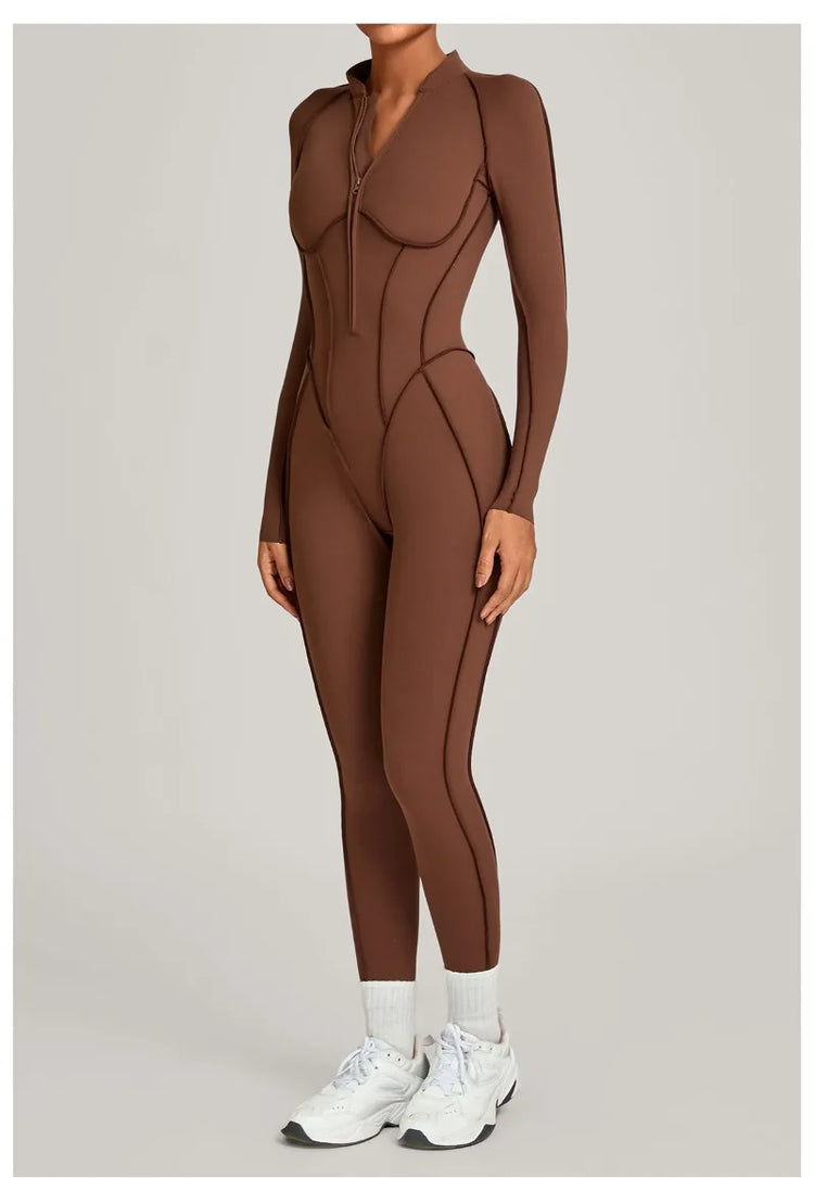 Women's Winter Yoga Jumpsuits Sports Fitness Hip-Lifting Slimming One-piece Zipper Long-Sleeved Outdoor Gym Workout Bodysuits
