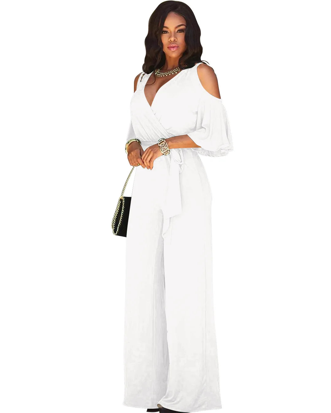 2024 Spring/Summer New Women's jumpsuit loose and elastic V-neck off shoulder waist loose wide leg pants for women's clothing