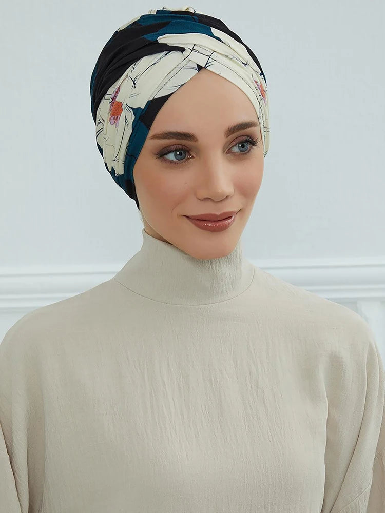 Floral Muslim Women Instant Turban Turkey Islamic Hijab Cap Headwear Arab Wrap Head Scarf Hair Accessories Hat