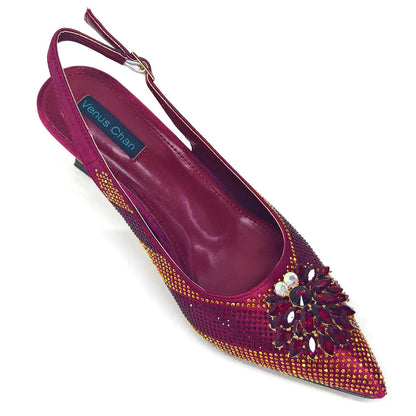 Venus Chan 2026 Italian Luxury Rhinestone Wine Pointed Toe High Heels with Matching Bag Set – Ideal for Parties and Special