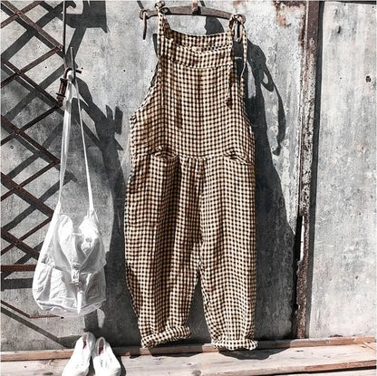 Casual Jumpsuit Women Striped Cotton Overalls Loose Fit Long Pants Romper Adjustable Straps Front Patch Pockets Jumpsuits