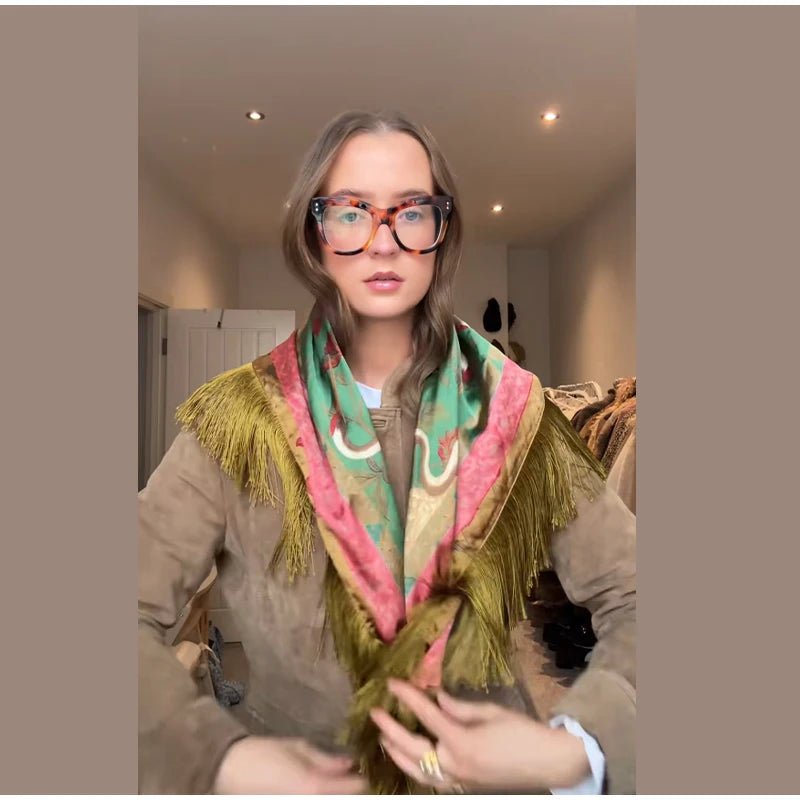 Tassel Floral Women ’s Scarf Large Square Silky Satin Scarf With Olive Fringe Trim Scarf Female 2026 Spring Woman Accessory