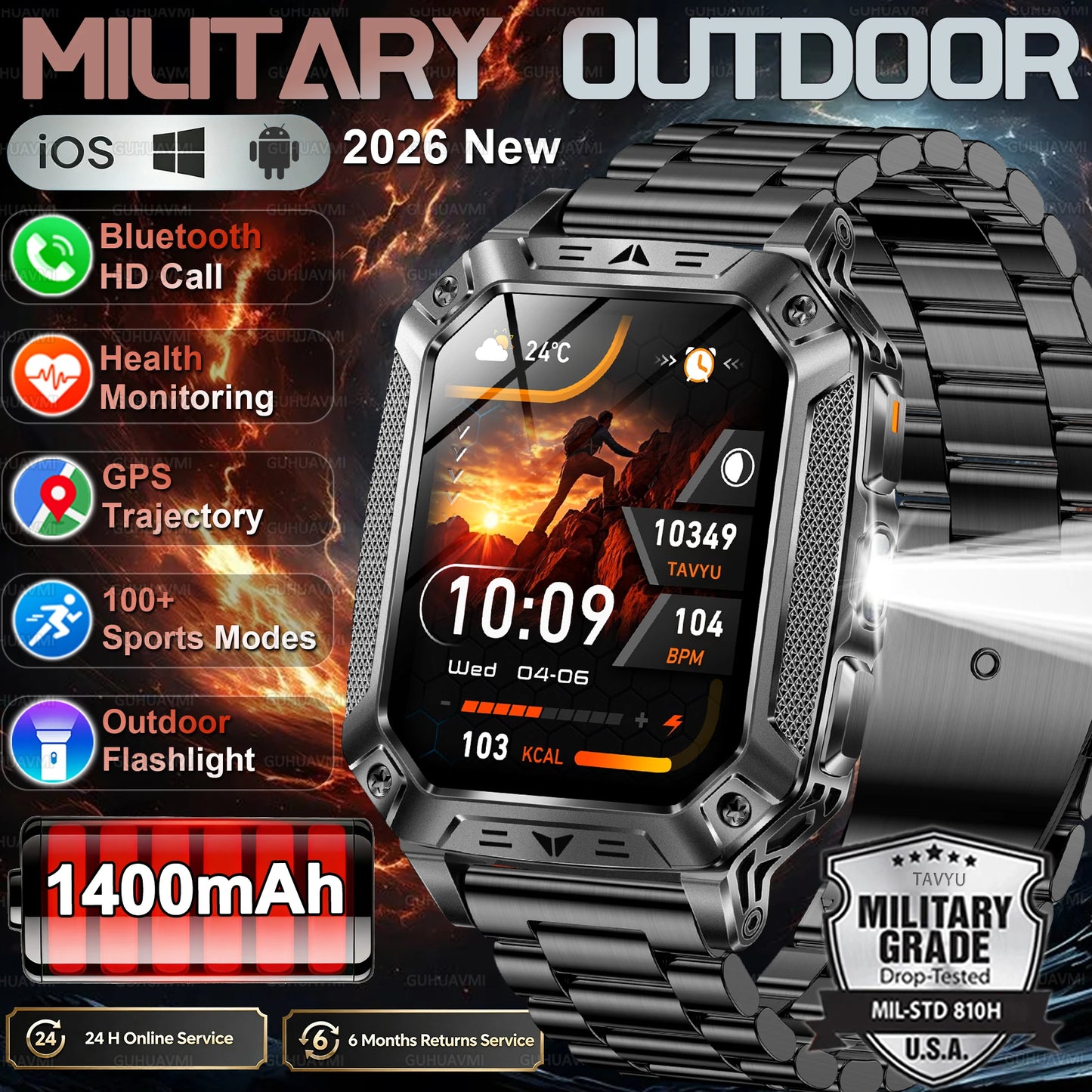 2026 New Military outdoor 1400mAh Battery SmartWatch Men Waterproof Call 2.01" HD AMOLED Sports Heart rate Flashlight Smart Band