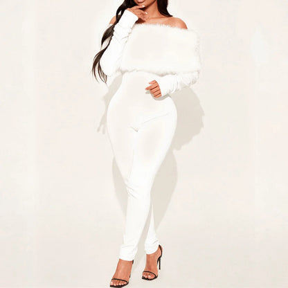 Autumn Winter Furry Long Sleeve Tight Jumpsuit Bodysuits Shapewear Fashion Slim Onesie One Piece Jumpsuits Women's Sexy Trousers