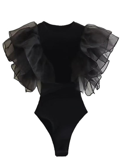 Women Mesh Patchwork Bodysuits Rompers Fashion Female Elegant Tops