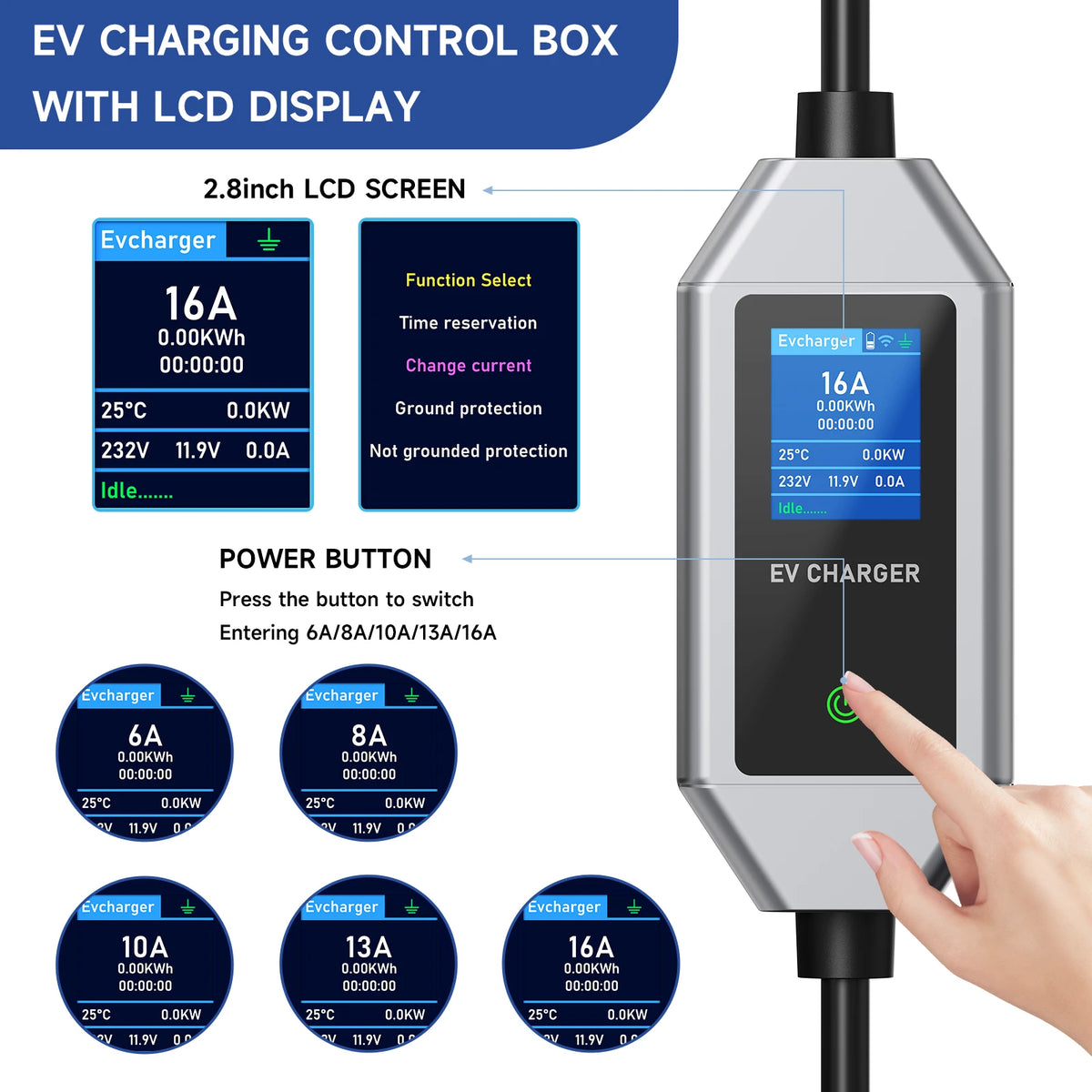 AFEEV Type2/Type1 Portable EV Charger 3.5KW 16A Electric Car Charger EVSE Fast Charging Cable Wallbox APP Bluetooth Control