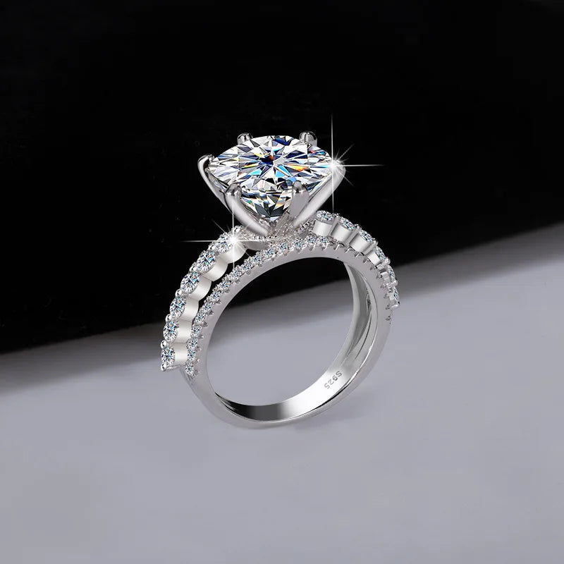 Classic Six-Claw PT950 Platinum Ring Set for Women, 5 Carat Moissanite, Sansheng Sanshi (Three Lives Three Worlds) Style