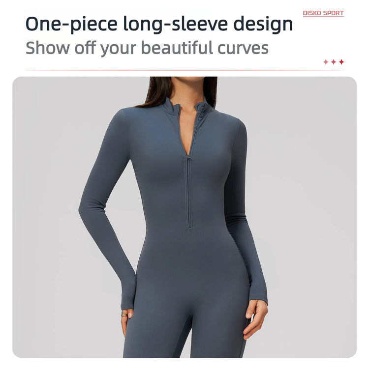 Winter Half Zip Yoga Bodysuit Women Long Sleeved Fitness Jumpsuit Sportswear Gym Clothes One-piece Running Workout Wear Rompers