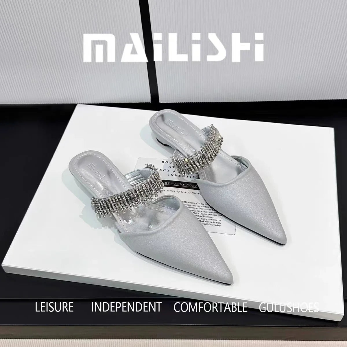 Luxury Crystal Women Slippers Pointed Toe Mules Shoes Elegant Heeled Sandals New Party Slingabck Flip Flops Elegant Mujer Shoes
