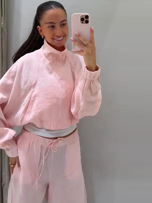Stand Collar Thin Cropped Coats Pants Suits Women Street Lantern Long Sleeve Zipper Loose Tops Drawstring Wide Leg Trousers Sets