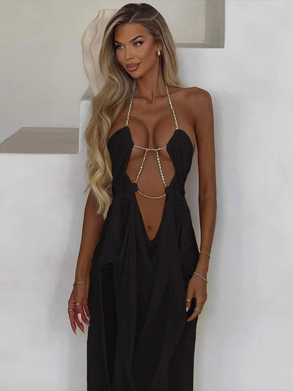 Nibber Prom Party Gown Dress Woman Sexy See Through Luxury Chain Halter Low-Neck Backless Sleeveless Midnight Elegant Vestidos