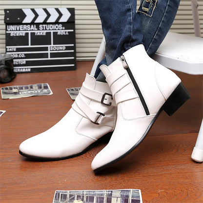 Leather Chelsea Boots Men Designer 2024 White Dress Boots Men Casual High top Buckle Strap Formal Shoes Men Motorcycle Boots