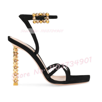Metal Heels With Rivets Sandals Women Belt Buckle Square Toe Ankle Strap Stiletto Shoes Lady Sexy Luxury Party Elegant Sandals