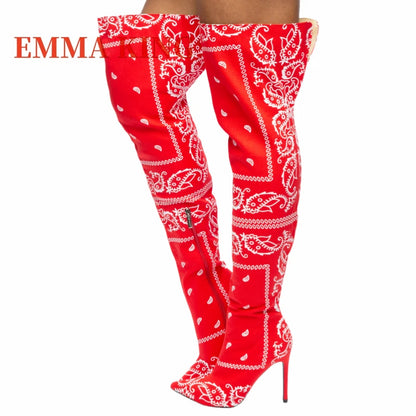 Autumn Winter Women Thigh High Boots Bandana Prints Bad Girl Heels Shoes Pointy Toe Silk Stiletto Botas Altas Mujer Size 35-44