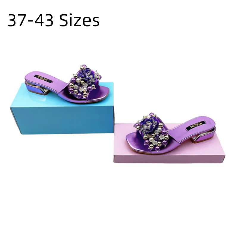 Women Purple Block Heels 3cm Slippers To Match Shoes And Bag Crystal Flowers High Heeled Slides For Summer Fashionable Shoes 43