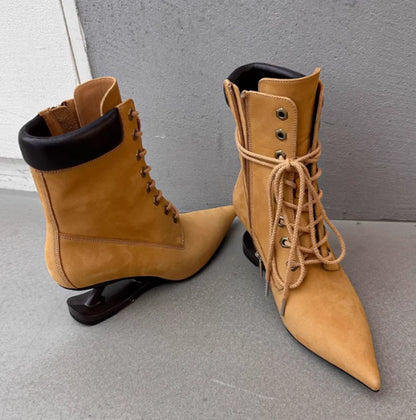 Brown Suede Pointed-Toe Ankle Boots Unique Heel Lace-Up Front Contrast Leather Collar Retro Western Style Lady Pointed-Toe Boots