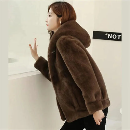 Short Hooded Mink Fur Temperament Thickened Fur One-Piece Mother Coat Hooded Leopard Fur Slimming And Age Reducing Winter New