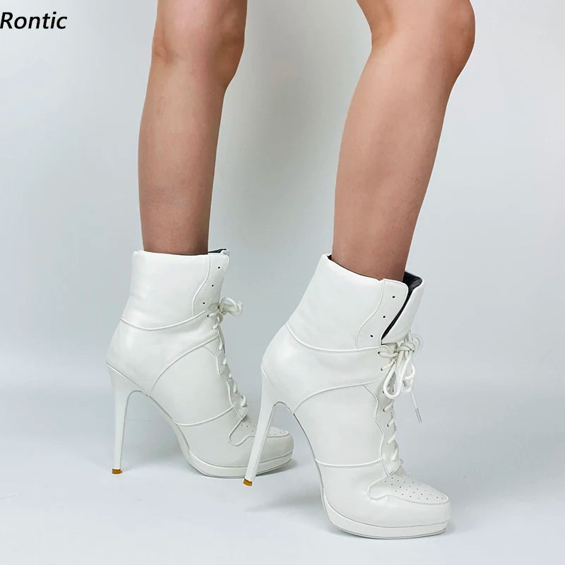 Rontic Handmade Women Winter Ankle Boots Unisex Lace Up Sexy Stiletto Heels Round Toe Pretty White Casual Shoes US Size 5-20