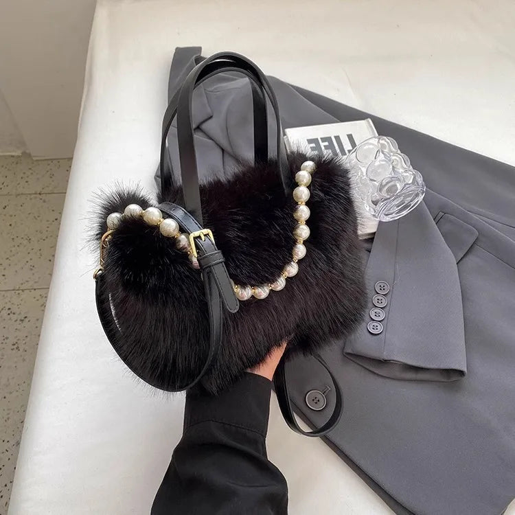 Winter Fashion Faux Fur Crossbody Bags for Women's Gift, Pearl Chain Decor Shoulder Bag, Ladies Handbags Top-handel Bag