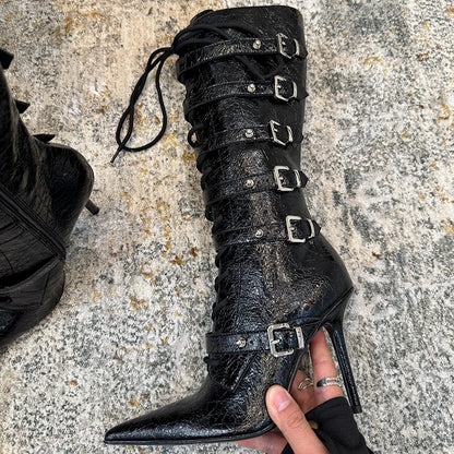 High Qaulity Horsehair Patchwork Thin High Heel Long Boots Women Pointed Toe Lace Up Sexy Fashion Women Boots For 2025 Autumn