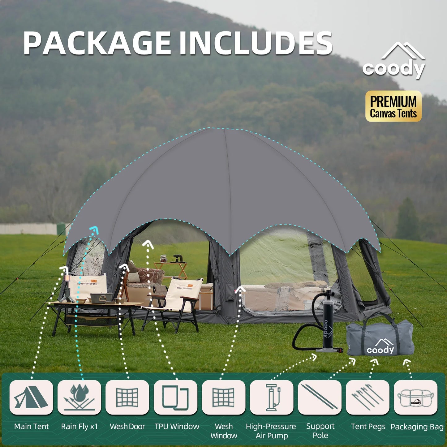 Gray Coody Dome Inflatable Tent, Classic Cotton Geodesic Tent All Weather Large Family Outdoor Glamping Shelter