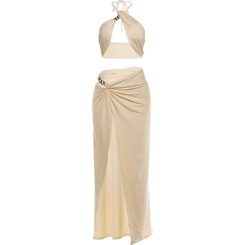 Weird Puss Metal Chain Patchwork 2 Piece Set Woman Halter Off Shoulder Irregular Tank Tops+High Splits Long Skirts Sexy Outfits