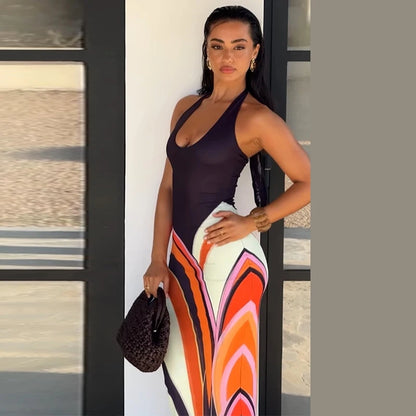 Sexy Print Women Long Dress Party Deep V-neck Sleeveless Backless Hip Package Female Dresses 2026 Summer Holidays Lady Robe
