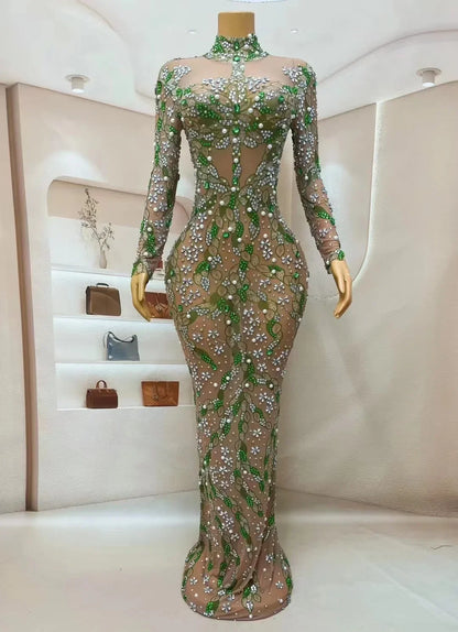 Spring Leaves Green Rhinestones Evening Party Long Dress Singer Celebrity Sexyransparent Sleeveless Model Catwalk Costume