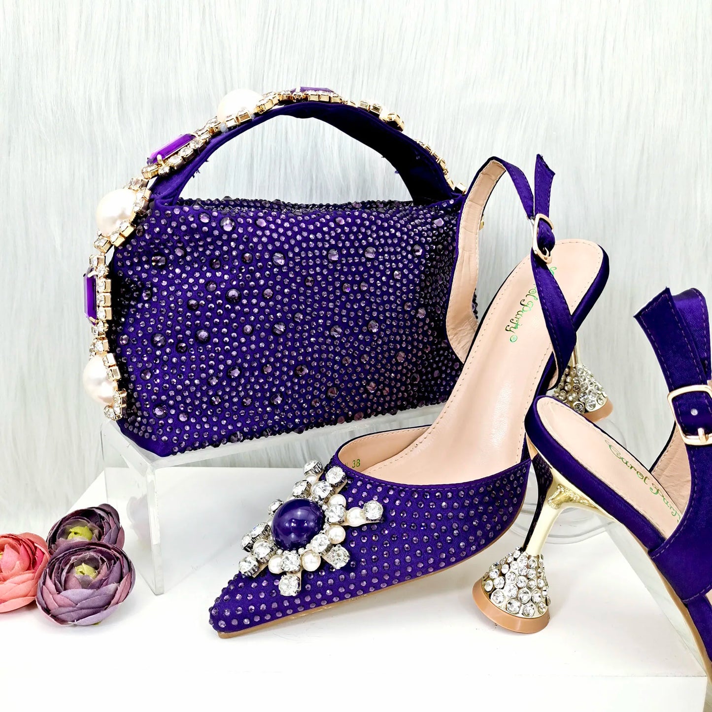 QSGFC 2023 New Fashion Purple Sandals Sequins Rhinestone Point Toe High Heels Slingback Women's Dress Women's Shoes & Bag Set