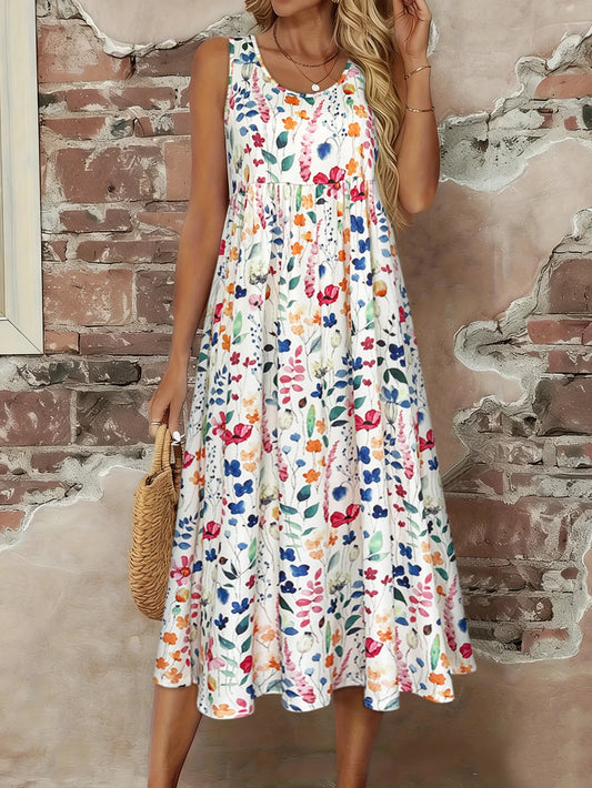 Women's Watercolor Floral Print Sleeveless Midi Dress Summer Casual Round Neck A Line Flowy Sundress